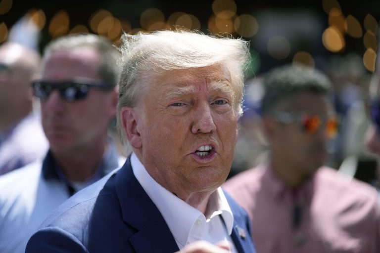 Republican presidential candidate former President Donald Trump visits the Iowa State Fair, Saturday, Aug. 12, 2023, in Des Moines, Iowa. 