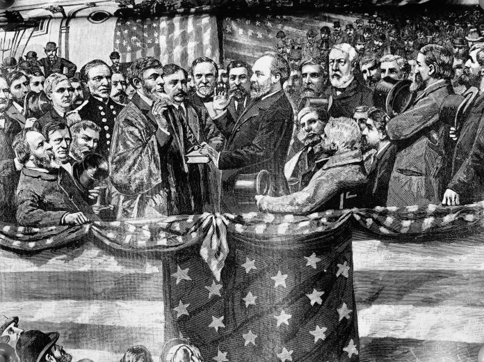Depicted in this undated illustration from an old print, the inauguration of President James A. Garfield in 1881 by Supreme Court Justice Noah H. Swayne.
