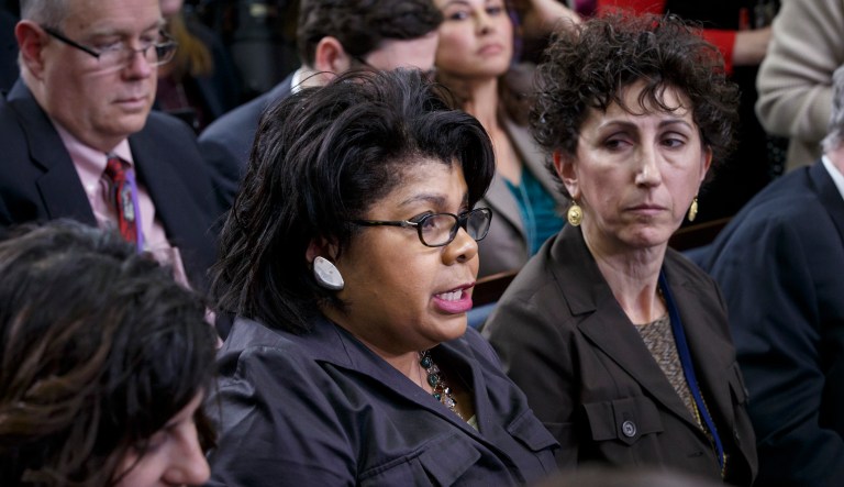 April Ryan, a veteran White House correspondent for American Urban Radio Networks, asks President Barack Obama about the state of race relations in the United States, during a news conference in the Brady Press Briefing Room of the White House in Washington, Friday, Dec. 19, 2014. Obama answered that the debate has been âhealthyâ for the country and that despite the violence in Ferguson, Mo., and the Eric Garner case in New York, black people are better off then they were before he took office, but that more work needs to be done on inequality.
