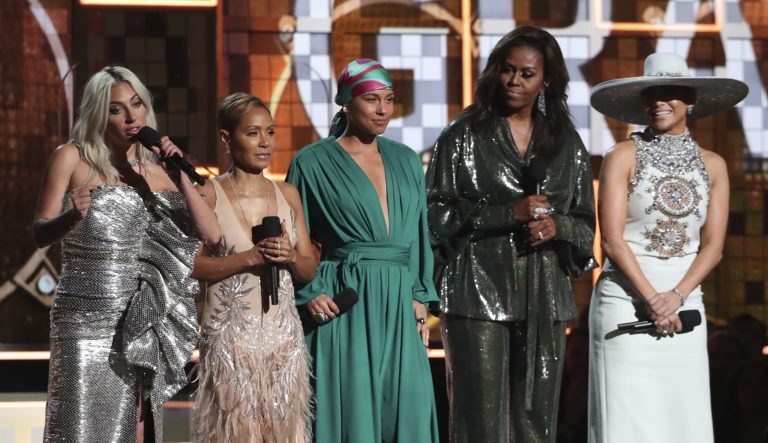 Lady Gaga, Jada Pinkett Smith, Alicia Keys, Michelle Obama, and Jennifer Lopez speak at the 61st annual Grammy Awards on Sunday, Feb. 10, 2019, in Los Angeles.
