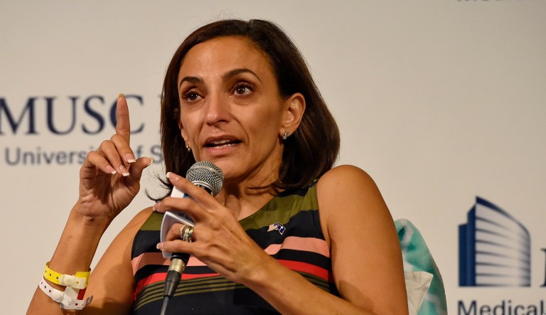 State Rep. Katie Arrington, a Republican candidate for Congress, speaks to the media Friday, July 6, 2018, at the MUSC campus in Charleston, S.C. Arrington, 47, was a passenger in a car that was hit head-on by a wrong-way driver June 22 on U.S. Highway 17 near Charleston.