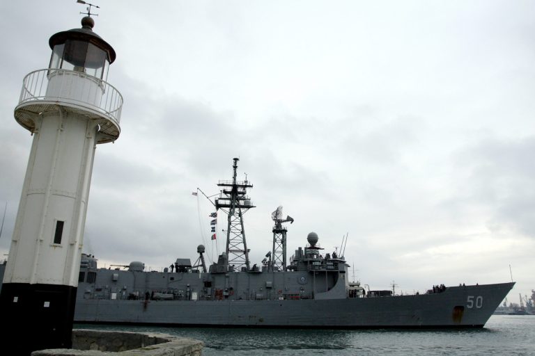 U.S. Navy ship USS Taylor enters the Black Sea port of Varna, Bulgaria.  (AP Photo/Petar Petrov)