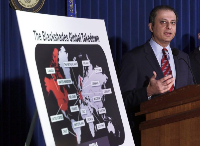 Preet Bharara, U.S. Attorney for the Southern District of New York, discusses arrests in the malware BlackShades Remote Access Too, during a news conferencel in New York, Monday, May 19, 2014. More than a half million computers in over 100 countries were infected by sophisticated malware that lets cybercriminals take over a computer and hijack its webcam, authorities said as charges were announced Monday against more than 100 people worldwide. (AP Photo/Richard Drew)