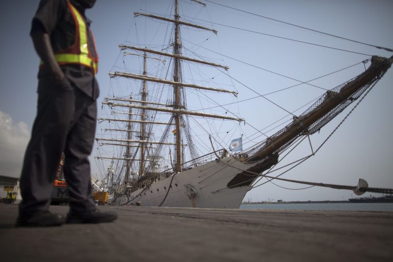   Argentina's three-masted navy training tall ship ARA Libertad, which was seized on Oct. 2 as collateral for unpaid bonds dating from Argentina's economic crisis a decade ago, sits docked at the port in Tema, outside Accra, in Ghana Friday, Dec. 14, 2012. A U.N. court is expected on Saturday to deliver its order on whether the Argentine navy ship being held at the Ghanaian port should be released. (AP Photo/Gabriela Barnuevo)  