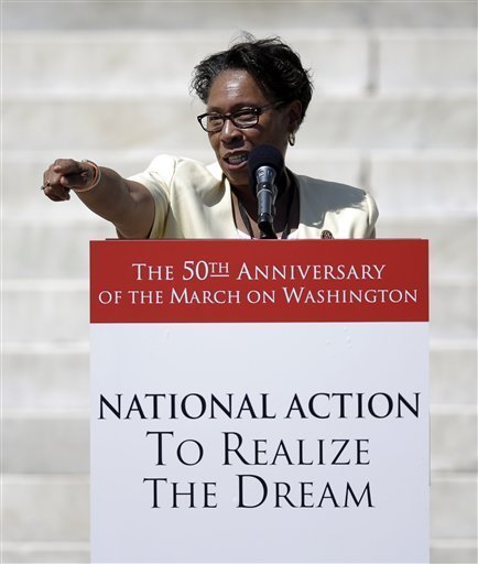 Rep. Marcia Fudge, D-Ohio, speaks at a rally to commemorate the 50th anniversary of the 1963 March on Washington on the steps of the Lincoln Memorial on Saturday in Washington. (AP Photo/Carolyn Kaster)