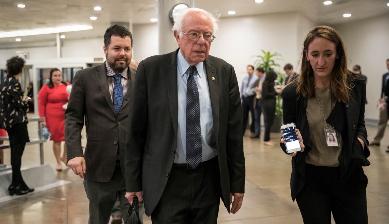 Sen. Bernie Sanders, I-Vt., the ranking member of the Senate Budget Committee, arrives for a series of votes at the Capitol in Washington, Thursday, Oct. 19, 2017. (AP Photo/J. Scott Applewhite)