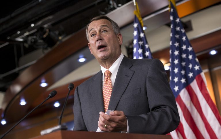 Speaker of the House John Boehner, R-Ohio, talks to reporters about the looming deadline to fund the government and the fight among House Republicans, on Capitol Hill in Washington, Thursday, Sept. 19, 2013. House Republicans vowed Wednesday to pass legislation that would prevent a partial government shutdown and avoid a historic national default while simultaneously canceling out President Barack Obama's health care overhaul, inaugurating a new round of political brinkmanship as critical deadlines approach. (AP Photo/J. Scott Applewhite)