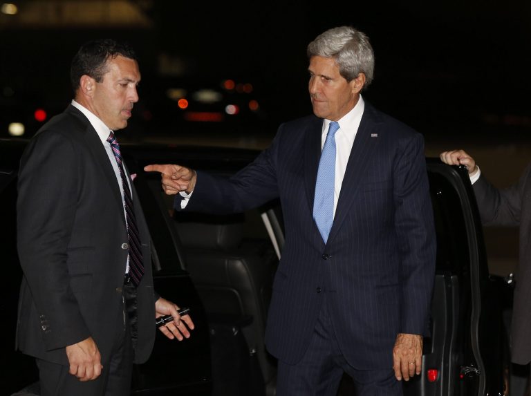   U.S. Secretary of State John Kerry departs Andrews Air Force Base, Md. for a meeting with Russian Foreign Minister Sergey Lavrov in Geneva to work on a Russian proposal for international inspectors to seize and destroy Syria's chemical weapons stockpile, Wednesday, Sept. 11, 2013. (AP Photo/Larry Downing, Pool)  