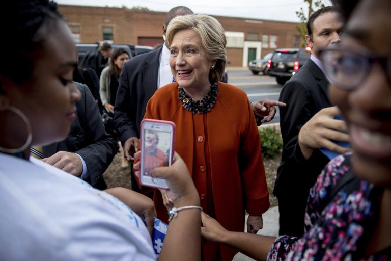 Democratic presidential candidate Hillary Clinton greets early voters at the Leonard J. Kaplan Center for Wellness at the University of North Carolina at Greensboro in Greensboro, N.C., Thursday, Oct. 27, 2016. (AP Photo/Andrew Harnik)