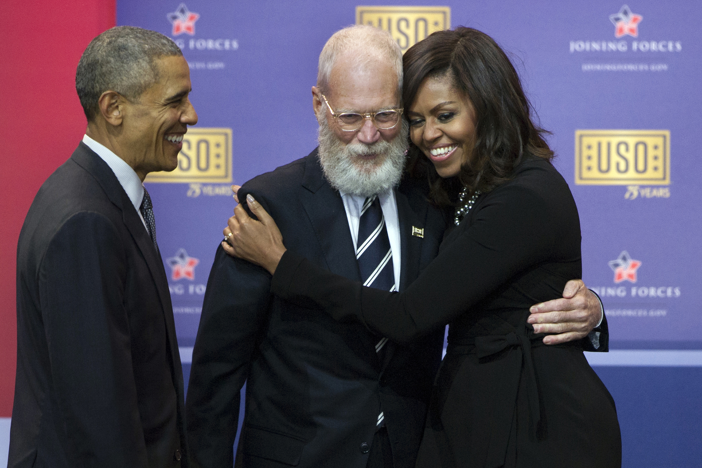 Letterman, Stewart sing happy birthday to USO with Obamas