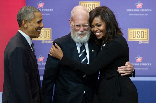 Letterman, Stewart sing happy birthday to USO with Obamas
