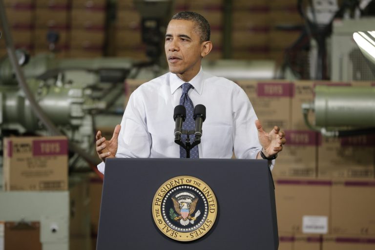 President Barack Obama gestures while speaking at The Rodon Group manufacturing facility, Friday, Nov. 30, 2012, in Hatfield, Pa. (AP Photo/Matt Slocum)