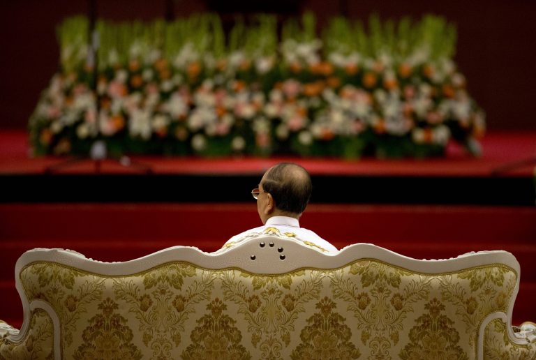 Myanmar's President Thein Sein sits during the opening ceremony of 47th Association of Southeast Asian Nations (ASEAN) Foreign Ministers meeting in Naypyitaw, Myanmar, Friday, Aug. 8, 2014. Myanmar hosts the ASEAN Foreign Ministers meeting and Regional Forum from August 8-10.(AP Photo/Gemunu Amarasinghe)