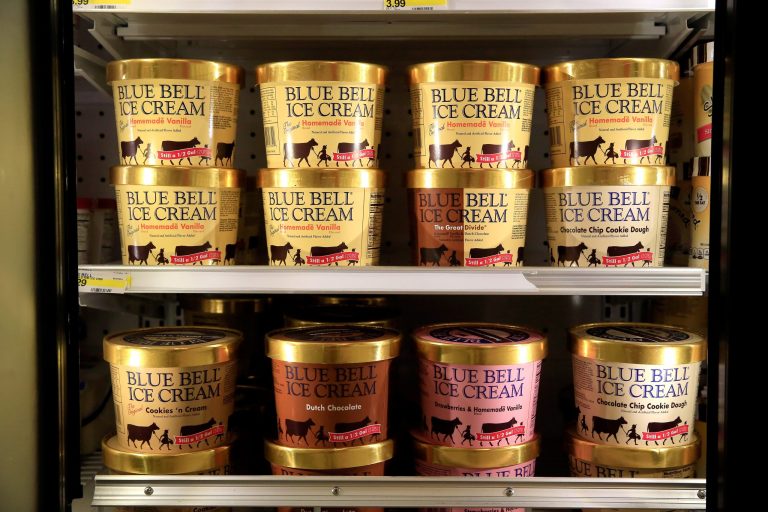 Blue Bell Ice Cream is seen on shelves of an Overland Park grocery store prior to being removed on April 21, 2015 in Overland Park, Kansas. Blue Bell Creameries recalled all products following a Listeria contamination. (Photo by Jamie Squire/Getty Images)