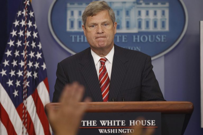 Secretary of Agriculture Tom Vilsack talks about the drought during the press briefing at  the White House in Washington, Wednesday, July 18, 2012. (AP Photo/Charles Dharapak)