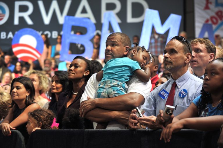 President Barack Obama's supporters listen to his campaign speech during his campaign visit to the Prime F. Osborn III Convention Center  in Jacksonville, Fla., Thursday, July 19, 2012. (AP Photo/The Florida Times-Union, Bob Self)