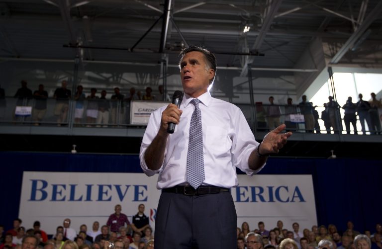 Republican presidential candidate, former Massachusetts Gov. Mitt Romney gestures during a campaign stop on Wednesday, July 18, 2012 in Bowling Green, Ohio.  (AP Photo/Evan Vucci)