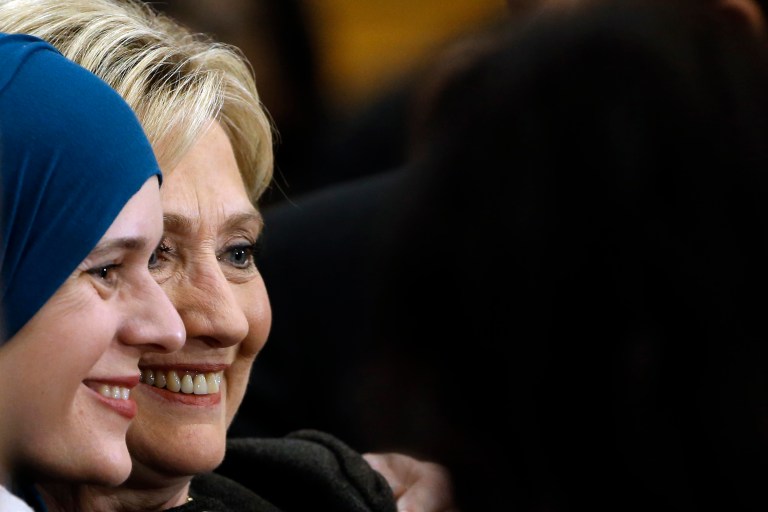 Democratic presidential candidate Hillary Clinton meets with attendees during a campaign stop, Wednesday, Feb. 3, 2016, in Manchester, N.H. (AP Photo/Matt Rourke)