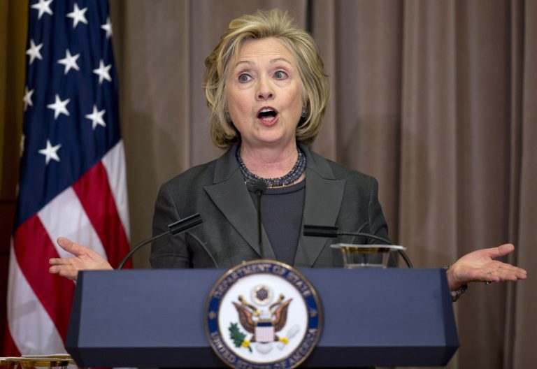 Former Secretary of State Hillary Rodham Clinton speaks during the groundbreaking ceremony for the U.S. Diplomacy Center, Wednesday, Sept. 3, 2014, at the State Department in Washington. (AP Photo/Carolyn Kaster)