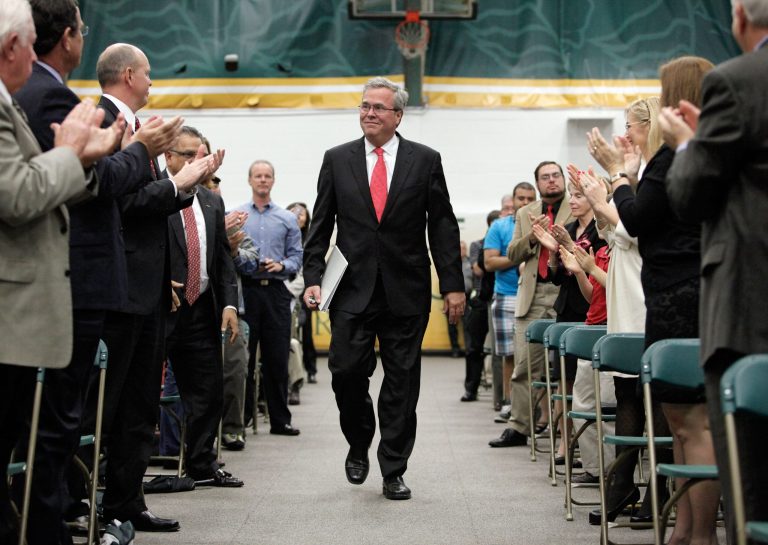 Former governor of Florida Jeb Bush is greeted with a standing ovation in the Marion Bowman Activities Center at Saint Leo University, Wednesday night, following his introduction before his speech 