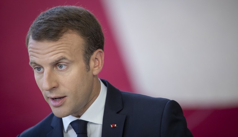 Emmanuel Macron, France's president, speaks to the media as he arrives for a European Union leaders summit in Brussels, Belgium, on Friday June, 29, 2018.