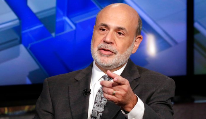 In this Oct. 6, 2015 file photo, former Federal Reserve Chairman Ben Bernanke is interviewed by Maria Bartiromo during her "Mornings with Maria Bartiromo" program, on the Fox Business Network, in New York.