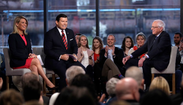 Sen. Bernie Sanders takes his seat along with Bret Baier, center and Martha MacCallum, left, during a Fox News town-hall style event Monday April 15, 2019 in Bethlehem, Pa. 