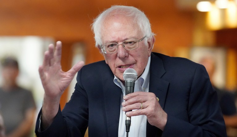 Democratic presidential candidate Sen. Bernie Sanders, I-Vt speaks during a campaign stop at the Circle 9 Ranch Campground Bingo Hall, Tuesday, Sept. 3, 2019, in Epsom, N.H.