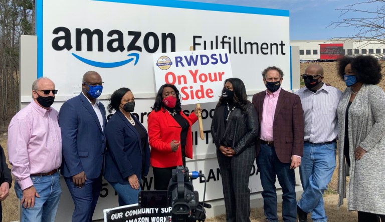 Democratic members of Congress join representatives of the Retail, Wholesale and Department Store Union gather outside an Amazon fulfillment center in Bessemer, Ala., on March 5, 2021, to advocate for the ongoing unionization vote at the sprawling campus. The elected officials pictured include, starting second from left, Rep. Jamaal Bowman of New York, Nikema Williams of Georgia, Terri Sewell of Alabama, Cori Bush of Missouri and Andy Levin of Michigan.