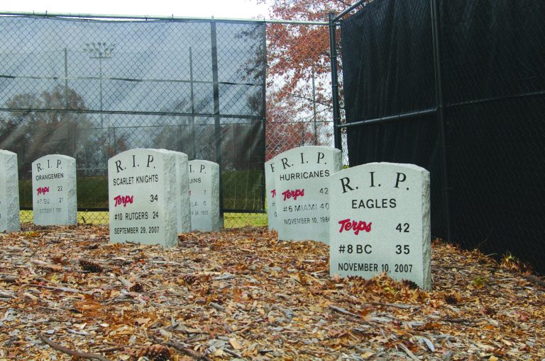 Kevin Dunleavy/The Washington Examiner
The Maryland football team commemorates its victories over top-10 teams -- the Terps haven't had one since 2007 -- with tombstones near the entrance to its practice field.