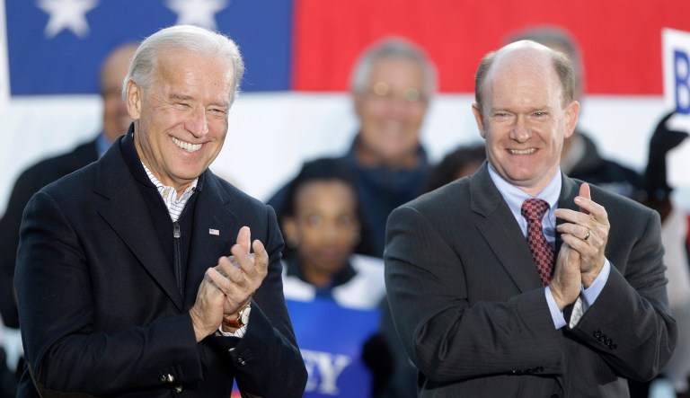 Vice President Joe Biden, left, and Delaware Democratic U.S. Senate candidate Chris Coons, right.