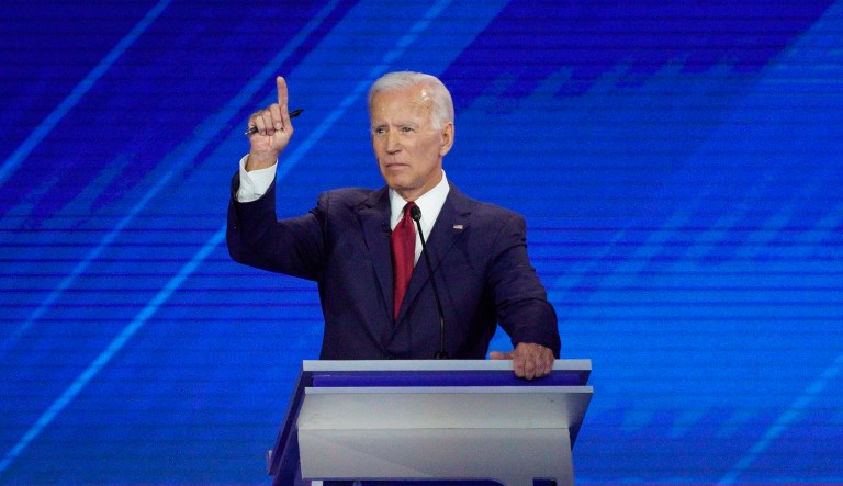 From left, Democratic presidential candidates Sen. Bernie Sanders, I-Vt., former Vice President Joe Biden and Sen. Elizabeth Warren, D-Mass. raise their hands to answer a question Thursday, Sept. 12, 2019, during a Democratic presidential primary debate hosted by ABC at Texas Southern University in Houston.