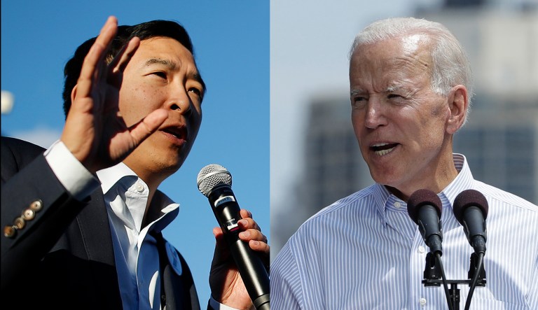 Andrew Yang and Joe Biden are shown.