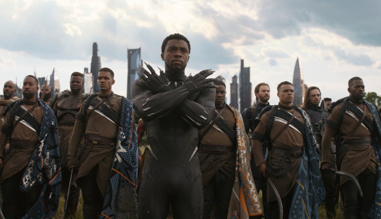This image released by Disney shows Chadwick Boseman, center, in a scene from Marvel Studios' "Avengers: Infinity War."