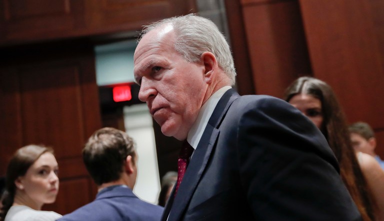 Former CIA Director John Brennan leaves Capitol Hill in Washington, Tuesday, May 23, 2017, after testifying before the House Intelligence Committee Russia Investigation Task Force.