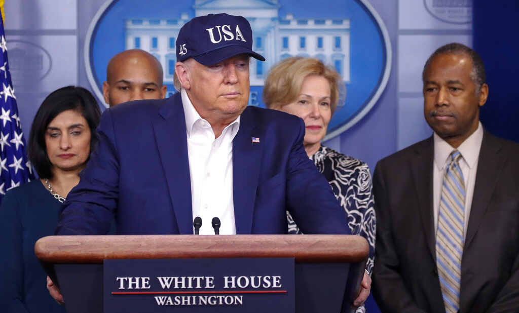 President Trump speaks during a briefing on the coronavirus in the White House.