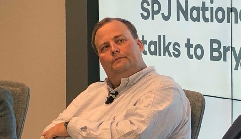 In this photo taken August 13, 2019, freelance journalist Bryan Carmody is seen at a panel event held by the Society of Professional Journalists in San Francisco.