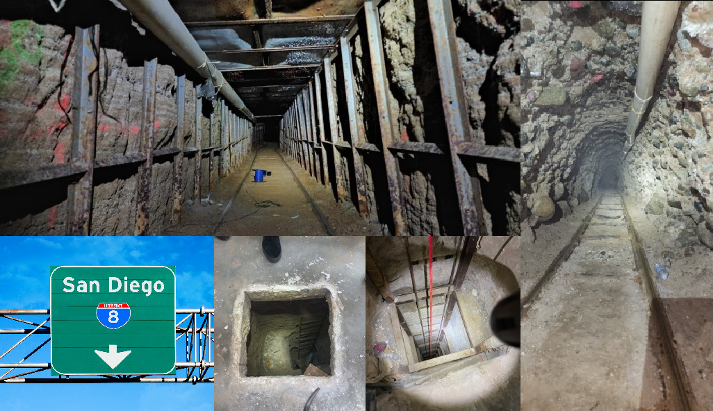 Seen clockwise from bottom left: a San Diego highway exit sign and photos from the Justice Department of multiple parts of a border tunnel connecting the California city to Tijuana, Mexico.