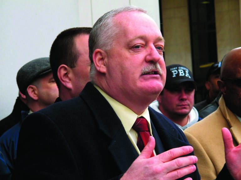 FILE - In this Jan. 15, 2013 file photo, Robert Buckley, vice president of the Affiliated Police Association of Westchester County, speaks at a news conference in White Plains, N.Y. The group demanded that The Journal News take down a map on its website that gives names and addresses of pistol permit holders. New York's new gun control law includes a broad privacy provision that could sharply limit what reporters and the public can discover about potential gun owners. (AP Photo/Jim Fitzgerald, File)