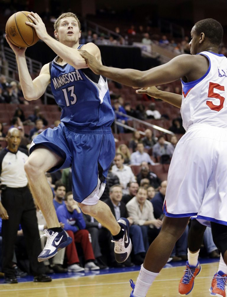   Minnesota Timberwolves' Luke Ridnour (13) shoots against Philadelphia 76ers' Lavoy Allen in the first half of an NBA basketball game, Tuesday, Dec. 4, 2012, in Philadelphia. (AP Photo/Matt Slocum)  