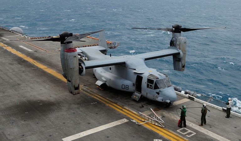 The crew member was among those aboard an MV-22B Osprey tilt-rotor aircraft, similar to the one seen here, that lost power shortly after takeoff from the amphibious assault ship USS Makin Island on Wednesday, according to a statement from Naval Forces Central Command. (Photo by Ian Hitchcock/Getty images)