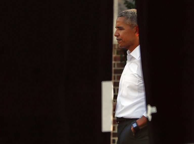 President Barack Obama is seen backstage as he waits to be introduced in Chapel Hill, N.C., Wednesday, Nov. 2, 2016. Obama is in North Carolina to help turn out the vote for Democratic presidential candidate Hillary Clinton with a rally in Chapel Hill. It's the first of two visits Obama has planned this week to North Carolina. (AP Photo/Pablo Martinez Monsivais)