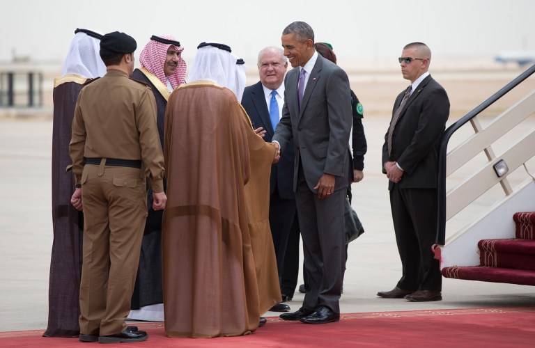 President Obama is greeted as he arrives on Air Force One at King Khalid International Airport in Riyadh, Saudi Arabia. (AP Photo/Carolyn Kaster)