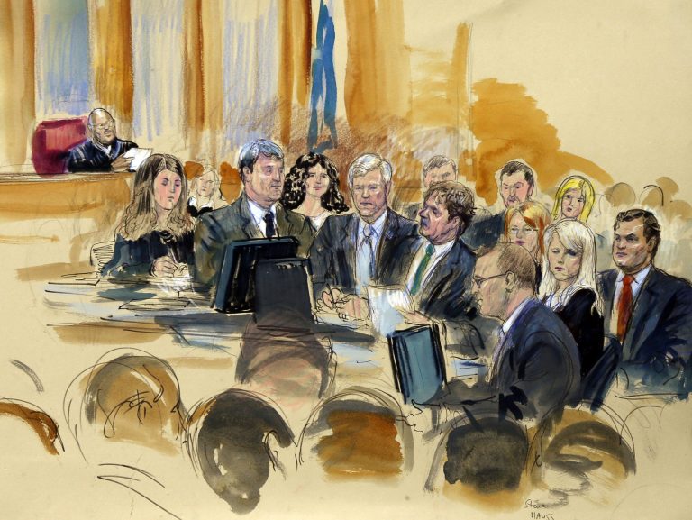In this courtroom sketch at the federal corruption trial of former Virginia Governor Robert F. McDonnell, center, and his wife, former first lady Maureen McDonnell, second from right, Judge James R. Spencer, left, presides during jury selection Monday in Richmond, Va.  (AP Photo/Dana Verkouteren)