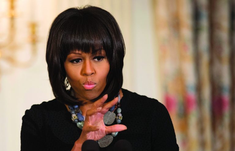 First lady Michelle Obama speaks in the State Dining Room of the White House in Washington, Wednesday, Feb. 13, 2013, in celebration of the Black History Month, welcoming middle and high school students from the District of Columbia area and New Orleans taking part in an interactive student workshop with the cast and crew of the film Beasts of the Southern Wild. (AP Photo/Manuel Balce Ceneta)