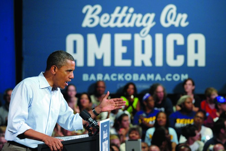 President Barack Obama speaks at Dobbins Elementary School in Poland, Ohio, Friday, July 6, 2012. Obama is on a two-day bus trip through Ohio and Pennsylvania. (AP Photo/Susan Walsh)