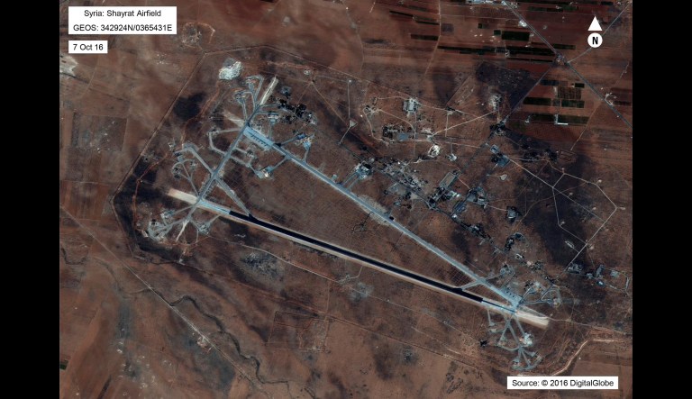 This Oct. 7, 2016 satellite image released by the U.S. Department of Defense shows Shayrat air base in Syria. (DigitalGlobe/U.S. Department of Defense via AP)
