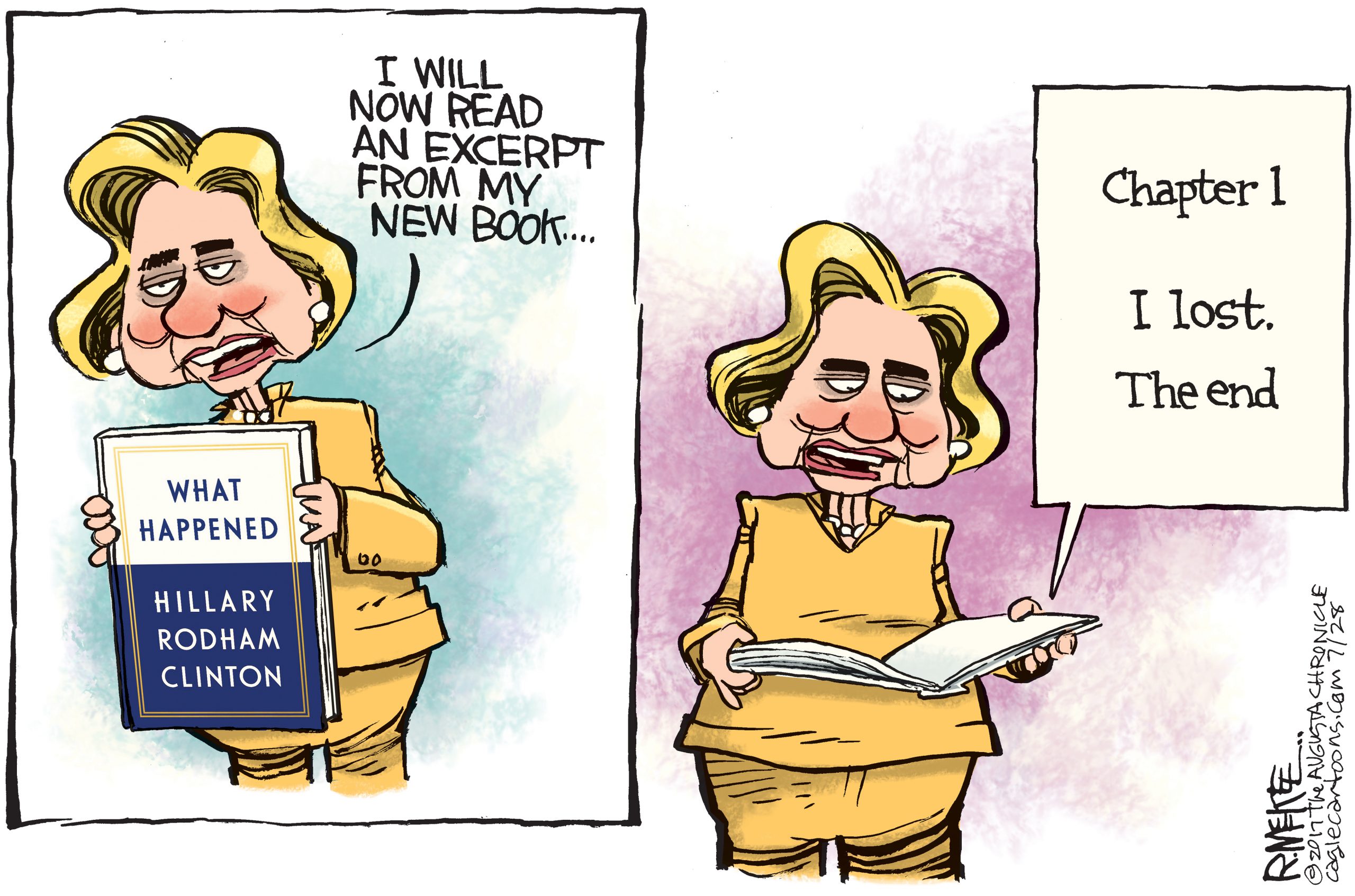 Editorial cartoon: Hillary Clinton reads an excerpt from her new book