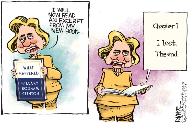 Editorial cartoon: Hillary Clinton reads an excerpt from her new book