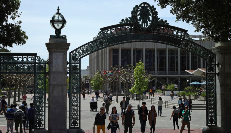 Students walk past Sather Gate on Thursday, May 10, 2018, on the University of California at Berkeley campus in Berkeley, Calif.